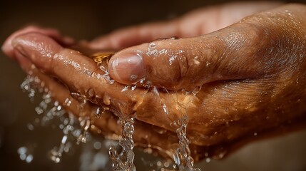 Fototapeta premium Hands are cupped together, catching water that flows down from above. Drops of water splash out, creating a small cascade. This scene shows a moment of interaction with water