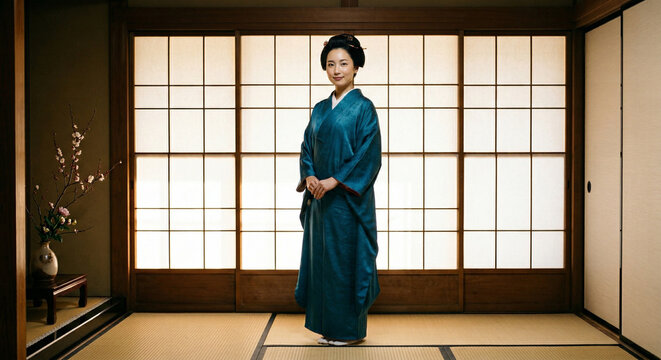 East Asian woman in silk robe in front of shoji screen