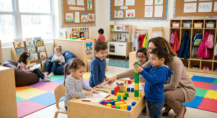 Obraz premium Children learning and playing in a vibrant preschool classroom