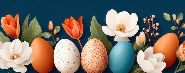 Naklejka premium Easter eggs and spring flowers on a dark blue background for seasonal celebration and decor