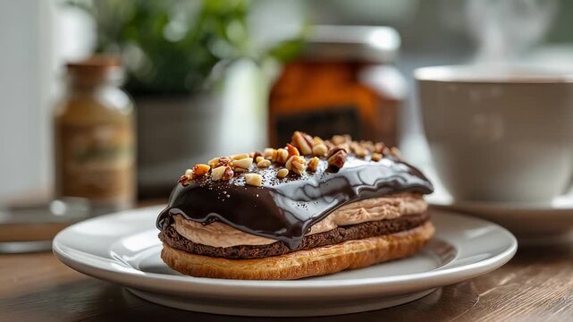 Chocolate eclair pastry with whipped cream and nuts on white plate beside coffee cup for bakery dessert, sweet breakfast and cafe treat