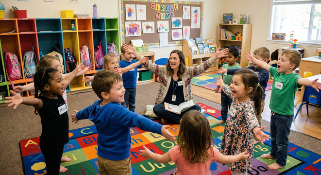 Preschool children in a circle time singing activity