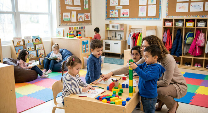 Children learning and playing in a vibrant preschool classroom