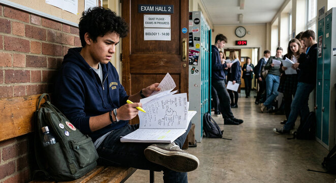 Teenage boy revising outside exam hall with notes in hand