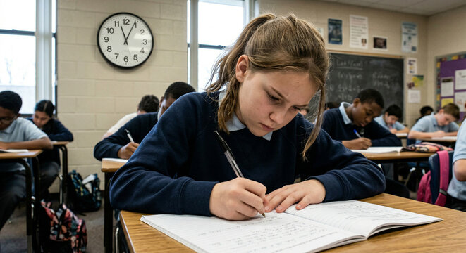 Young girl intensely writing in exam with clock behind