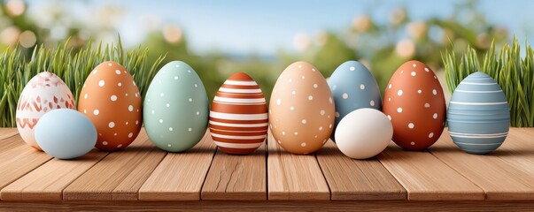 Naklejka premium Colorful decorated Easter eggs arranged on a wooden floor with grassy spring background