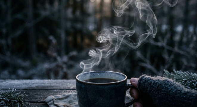 Slow motion steam rising from hot drink on cold morning