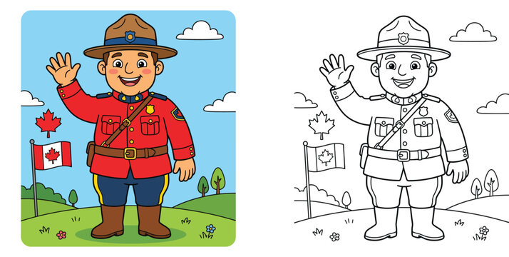 Friendly Canadian Mountie Cartoon Illustration and Coloring Page Outline Set for Kids, Patriotic RCMP Officer with Flag for Canada Day Educational Activities and Children Books