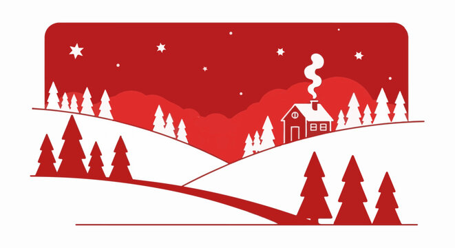 A cozy winter scene with a red house and snow-covered hills under stars