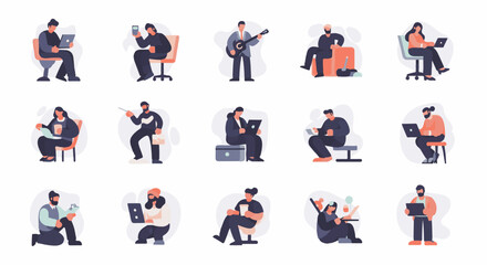 Fototapeta premium Diverse individuals engaged in various activities like working on laptops and playing guitar