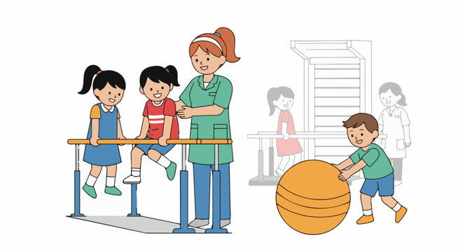 Children practice physical therapy with instructor and exercise equipment