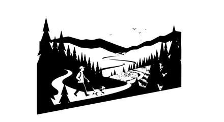 Fototapeta premium Tranquil sunset forest vector with mountains river and man walking dog in peaceful outdoor scene