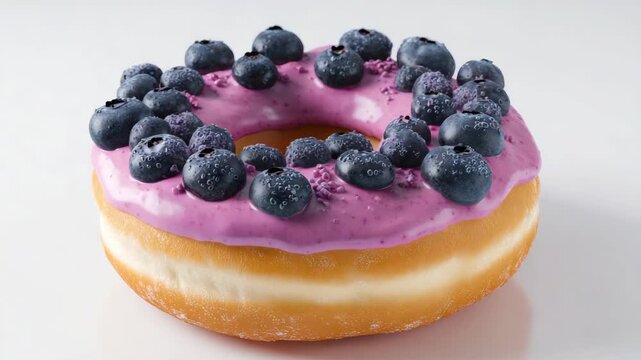 Purple icing covers a glazed donut. Fresh blueberries adorn the top. The donut sits on a plain white surface. Lighting highlights texture and color. No animals or plants are present