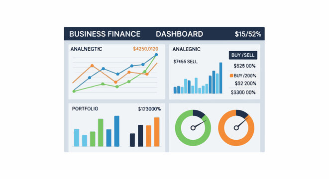 Financial dashboard with line, bar charts, and gauges showing data