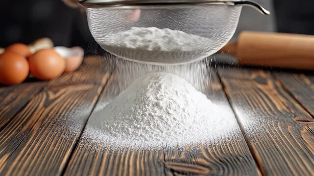 Sifting Flour for Baking on a Rustic Wooden Table with Eggs and Rolling Pin.
