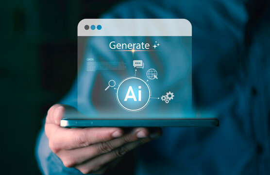 AI content generation and automation concept, digital interface, artificial intelligence tools for content creation, data processing, chatbot communication, business automation, smart digital workflow