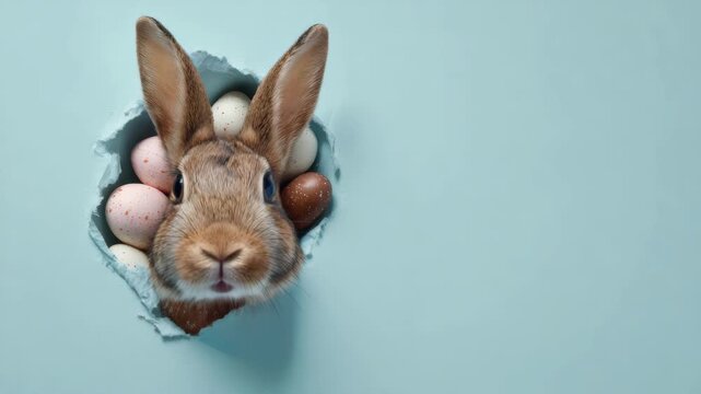 Brown rabbit peeks through a torn paper hole. Pastel eggs surround the bunny's face. Light blue background completes the scene. Cute Easter imagery with a playful surprise
