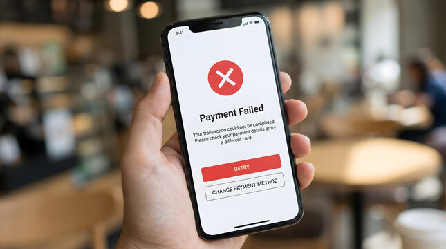 Online payment failed screen on smartphone with transaction decline and error notification