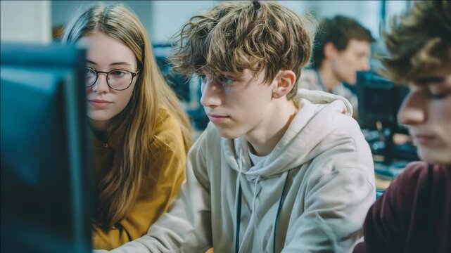 Teenagers focus intently on computer screens in a classroom. They sit close together, sharing attention. One wears glasses, another in a hoodie