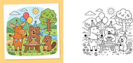 Cute Woodland Animals Birthday Party Coloring Page. Cartoon bear, moose, and beaver vector illustration with colored example and outline for kids activity book. © MMONIR
