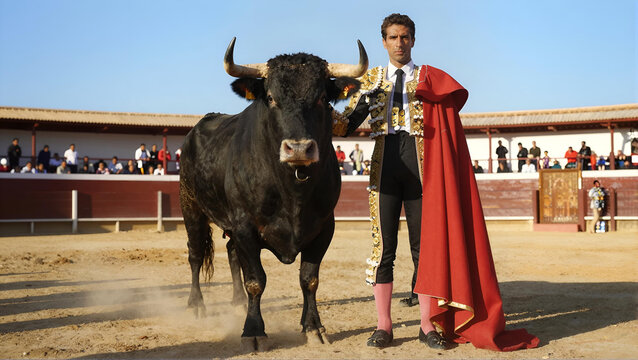 Spanish Matador in Traditional Costume Standing with Black Bull in Bullring