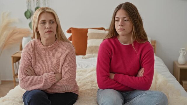 Woman and daughter sitting on bed with crossed arms, seated apart and avoiding eye contact in bedroom domestic setting; family tension.