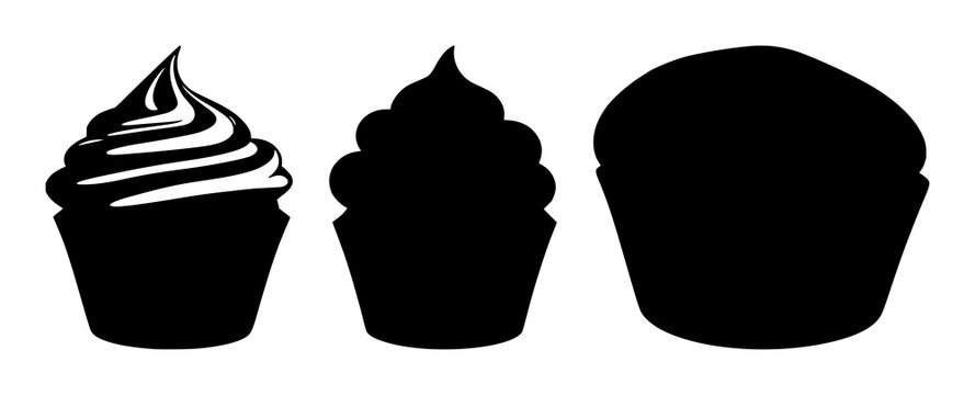 Cupcake set with black silhouette on white background featuring confectionery, sweet dessert, pastry with vector illustration and line art