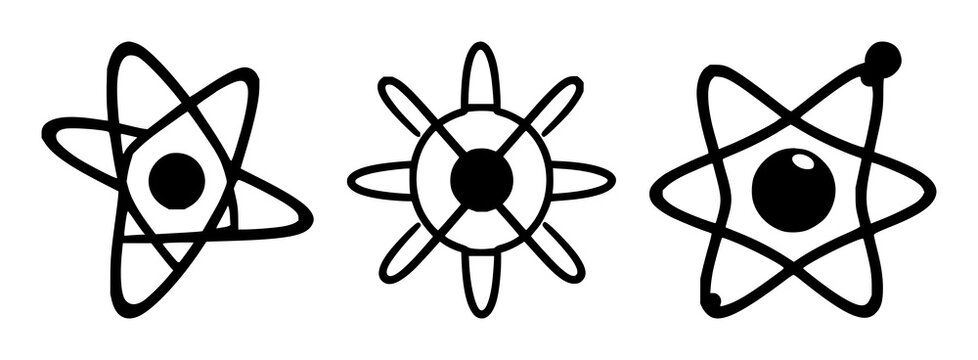 Atom symbol set with black silhouette on white background featuring atom, nucleus, electron with line art and minimalistic design