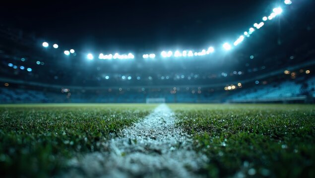 Low angle view of a vibrant green grass soccer field with a white line under bright stadium lights at night, creating a dramatic and atmospheric sports arena scene.