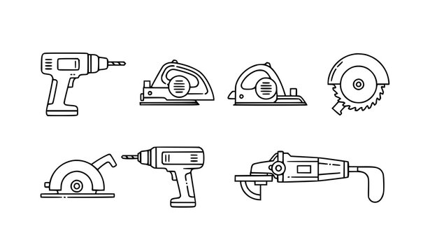 Power tools outline icons set with electric drill saw planer and grinder editable stroke vector isolated