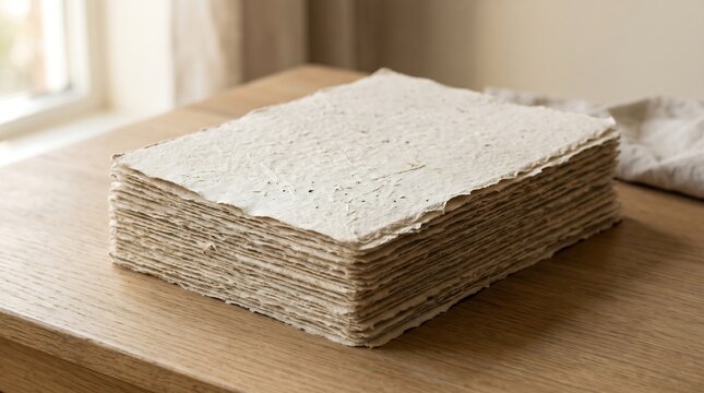 Stack of rough, handmade recycled paper with a natural texture, ideal for sustainable crafts, art projects, and eco-friendly stationery designs