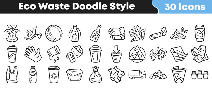 Set of hand drawn doodle icons representing various types of eco waste materials