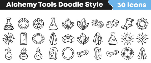 Hand drawn collection of various magic alchemy tools and mystical fantasy icons © Vectoravec