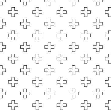 Minimal Cross Tile Seamless Pattern, Geometric Plus Shape Grid, Black Line Art Vector Background