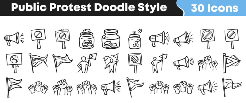 Set of hand drawn public protest icons featuring signs and loud megaphones