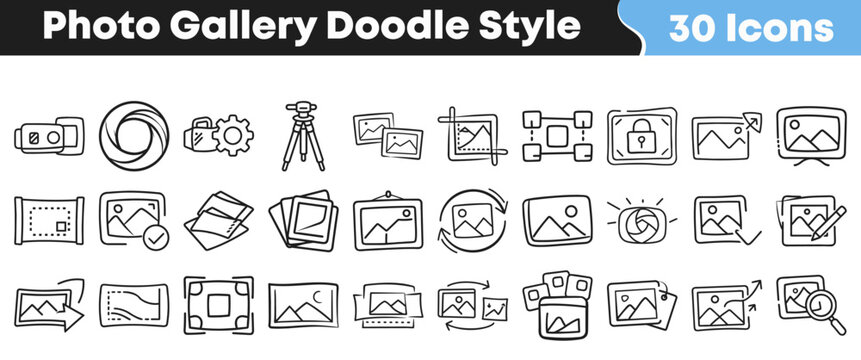 Hand drawn collection of thirty photo gallery icons in a doodle style