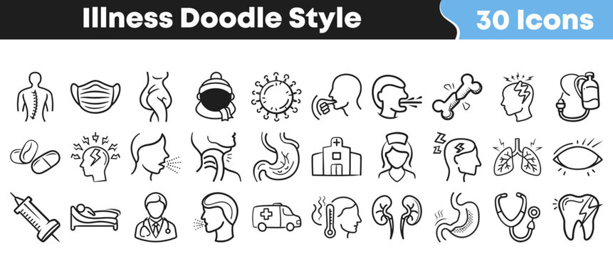 Set of hand drawn doodle icons representing various common illnesses and medical care