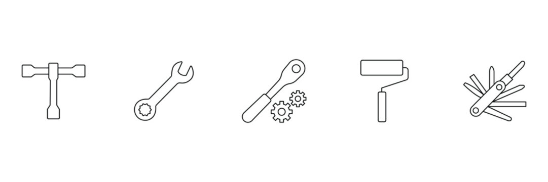 Professional hardware tools icon set including socket wrench spanner ratchet gear paint roller and multitool in clean outline vector style.