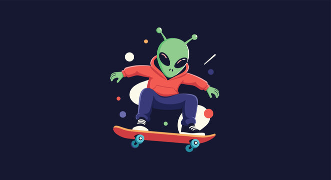 Cool green alien character wearing a red hoodie and riding a skateboard through a starry cosmic background.