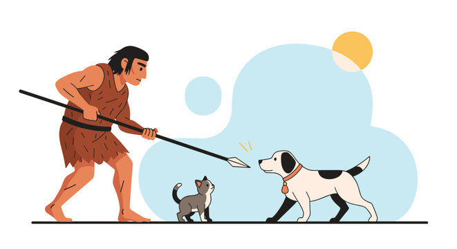 Ancient caveman holding a spear while standing near a domestic dog and a cat under the bright sun in a prehistoric landscape.