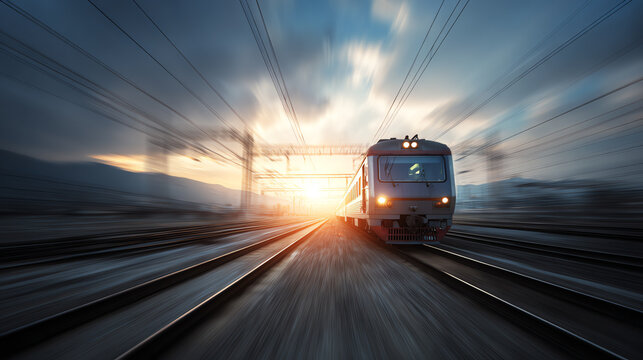 A dynamic train speeding along the tracks at sunset.