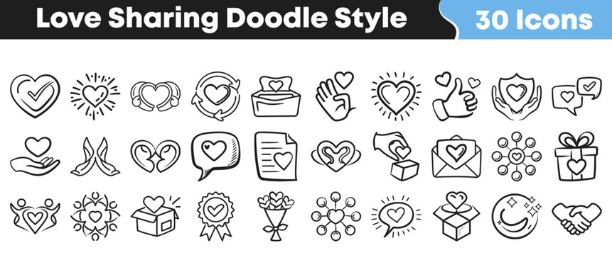 Hand drawn collection of thirty different heart icons for love sharing themes