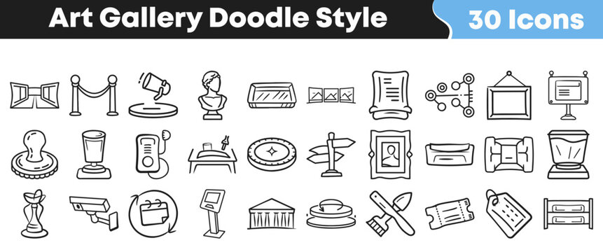 Set of thirty hand drawn doodle style icons for a local art gallery