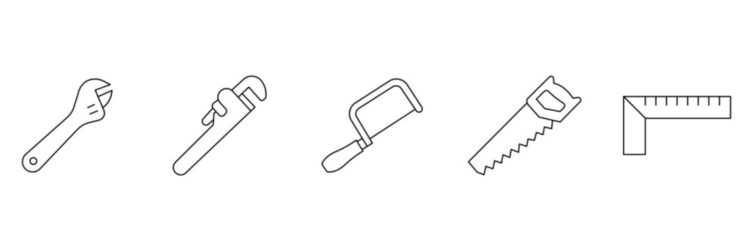 Construction and carpentry tools icon set including adjustable wrench pipe wrench hacksaw handsaw and try square in monoline vector illustration.