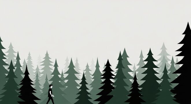 a man in a forest with many trees of different shades of green and gray with a white background fore
