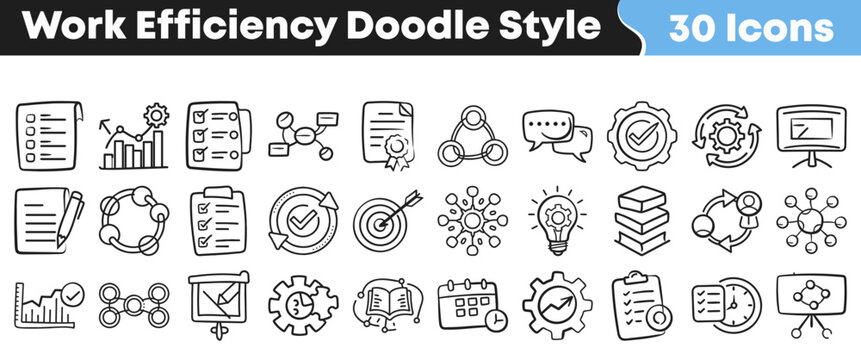 Set of thirty hand drawn doodle style icons for business work efficiency