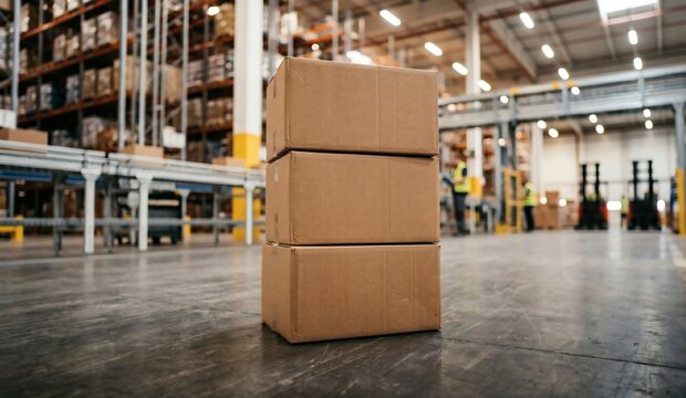 Stack of blank corrugated cardboard shipping boxes mockup in a warehouse