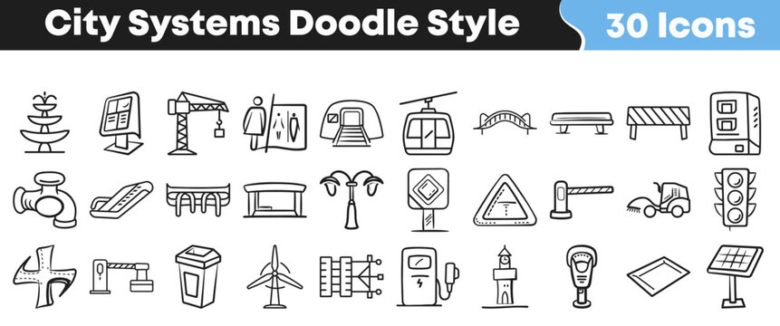 Collection of various hand drawn city infrastructure icons in a simple doodle style