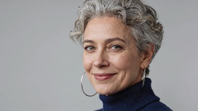 Mature Woman with Natural Grey Curly Hair in Side Profile Portrait
