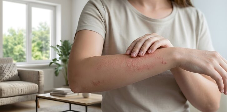 Woman standing by a bright window scratching her itchy forearm